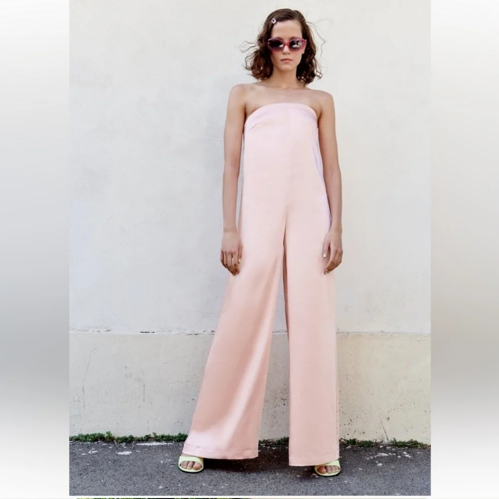 Zara * Satin Long Wide Jumpsuit Pink Size XS and S